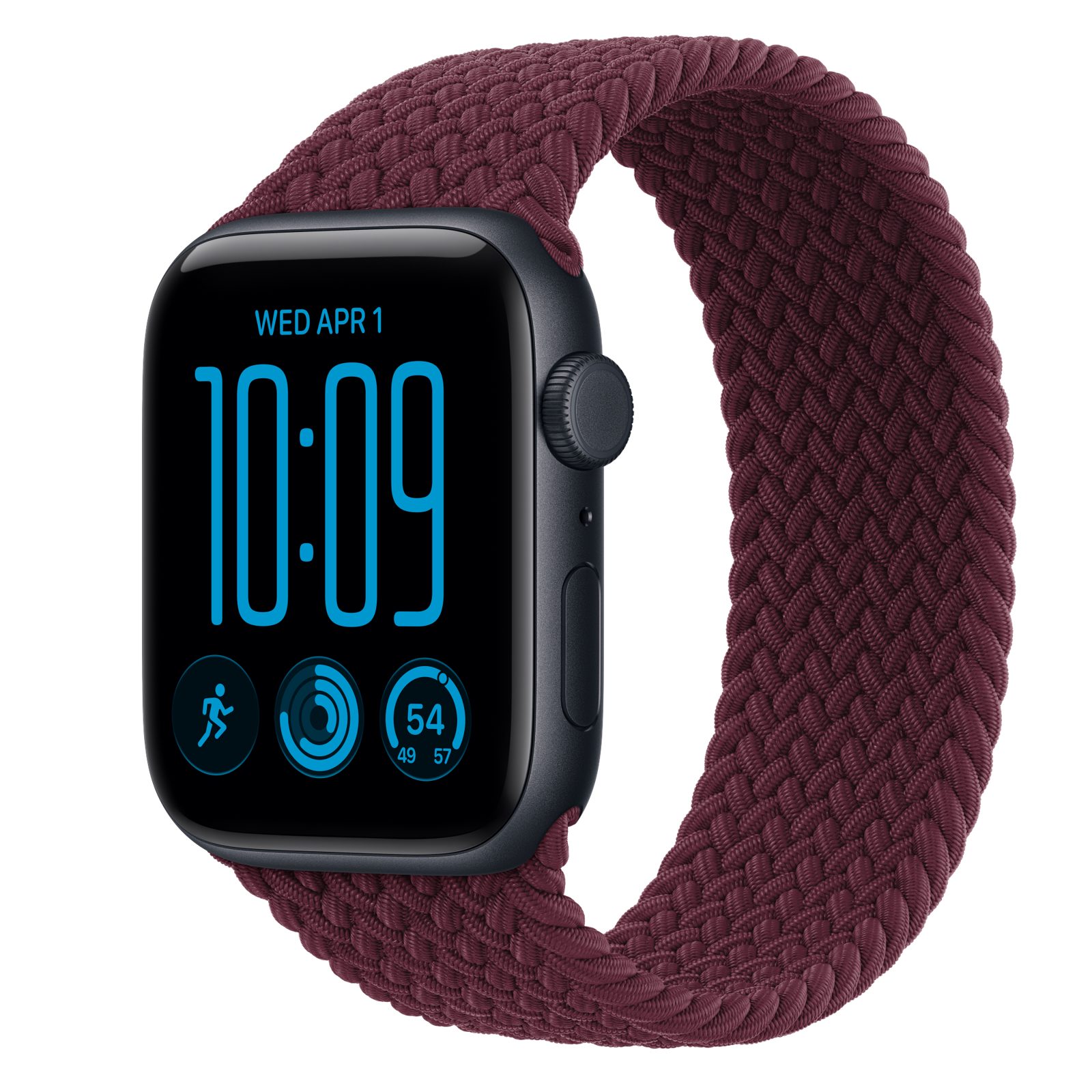 Apple Watch SE 3 (GPS + Cellular) • Aluminiumboett midnatt, 44 mm • Flätad sololoop bourgogne