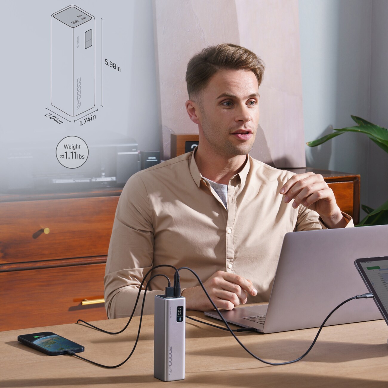 Powerbank Cuktech CUKP200XGLGR 100W 20000mAh 2 x USB-C 1 x USB-A - grå, bild 3