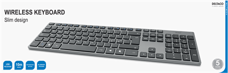 Deltaco Wireless slim office keyboard - Aluminium - Nordic