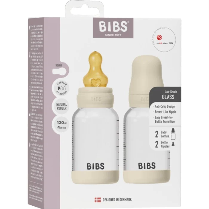 BIBS Glass Baby Bottle Round Latex 2-pack 120 ml Slow Flow, Ivory