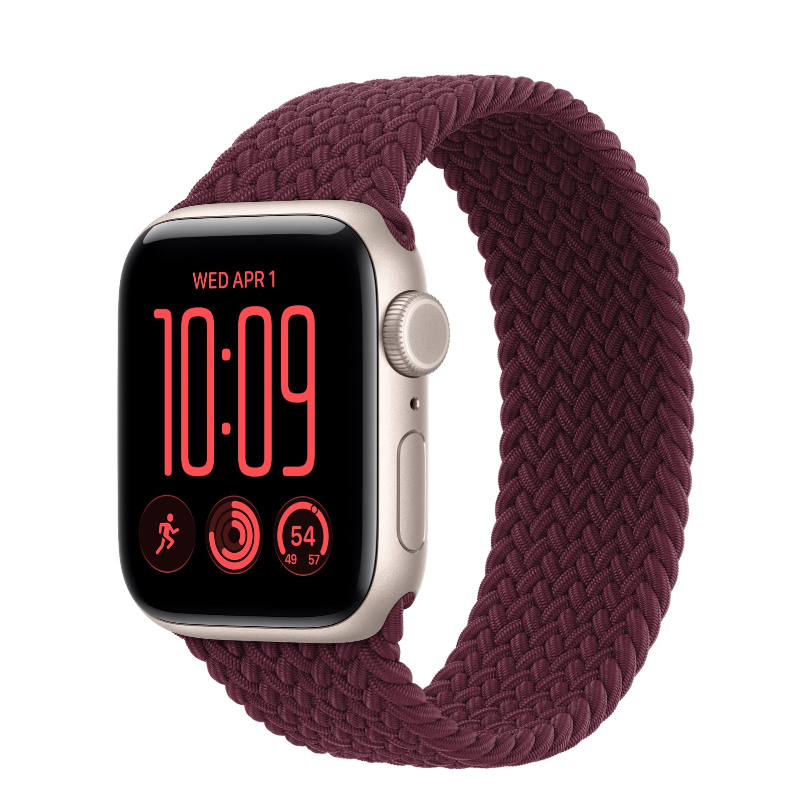 Apple Watch SE 3 (GPS + Cellular) • Aluminiumboett stjärnglans, 40 mm • Flätad sololoop bourgogne
