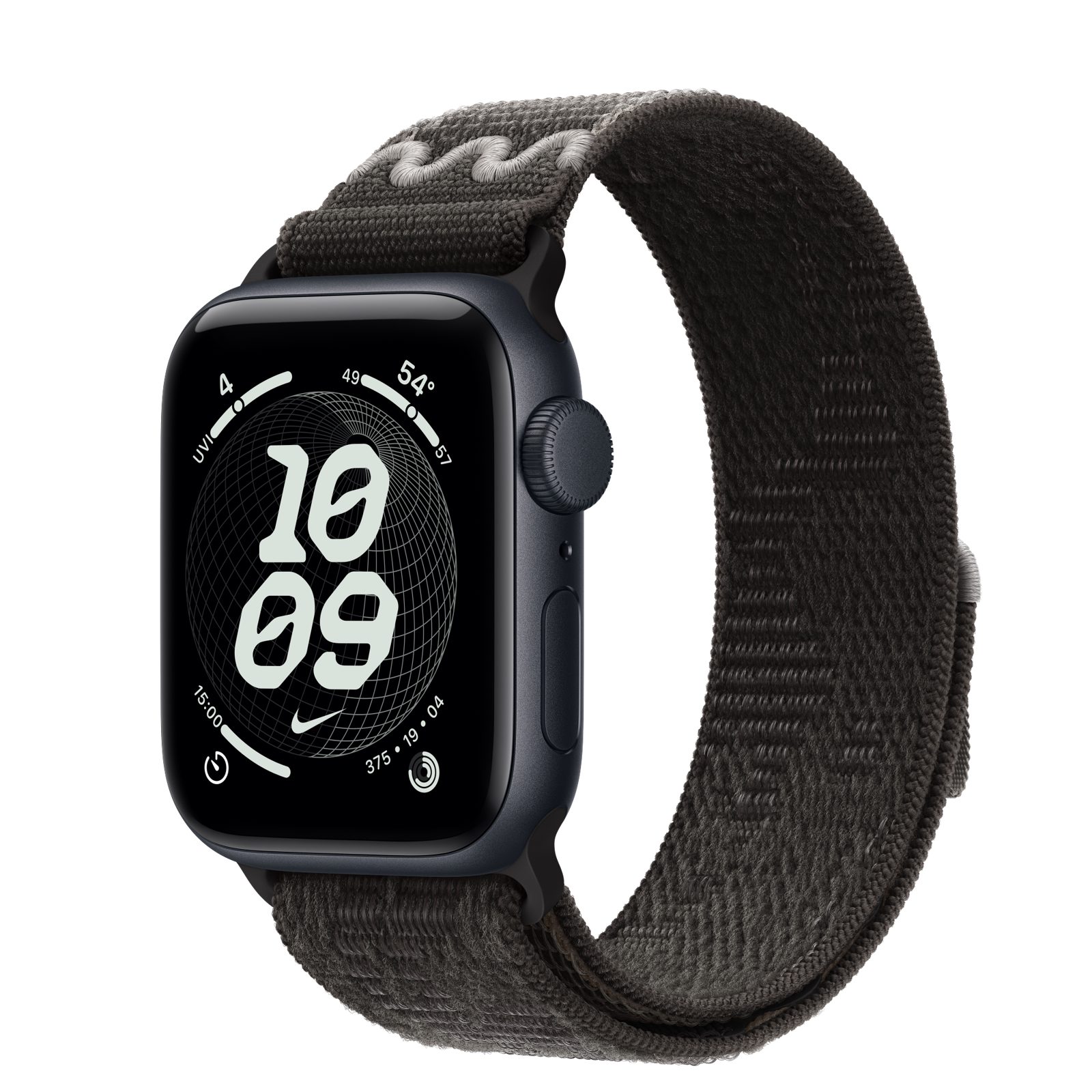 Apple Watch SE 3 (GPS) • Aluminiumboett midnatt, 40 mm • Nike-sportloop i After Dark Black