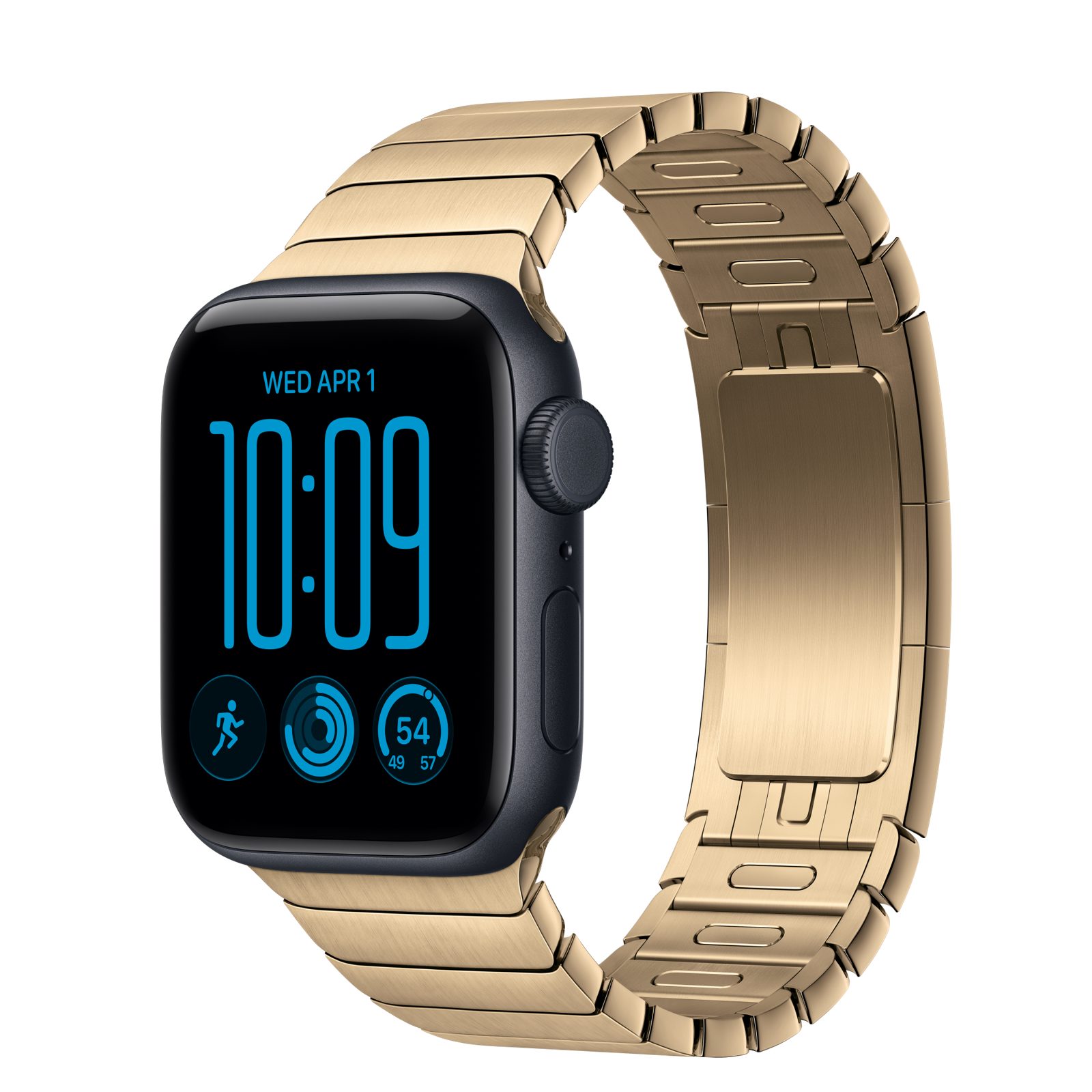 Apple Watch SE 3 (GPS + Cellular) • Aluminiumboett midnatt, 40 mm • Länkarmband skinande guld