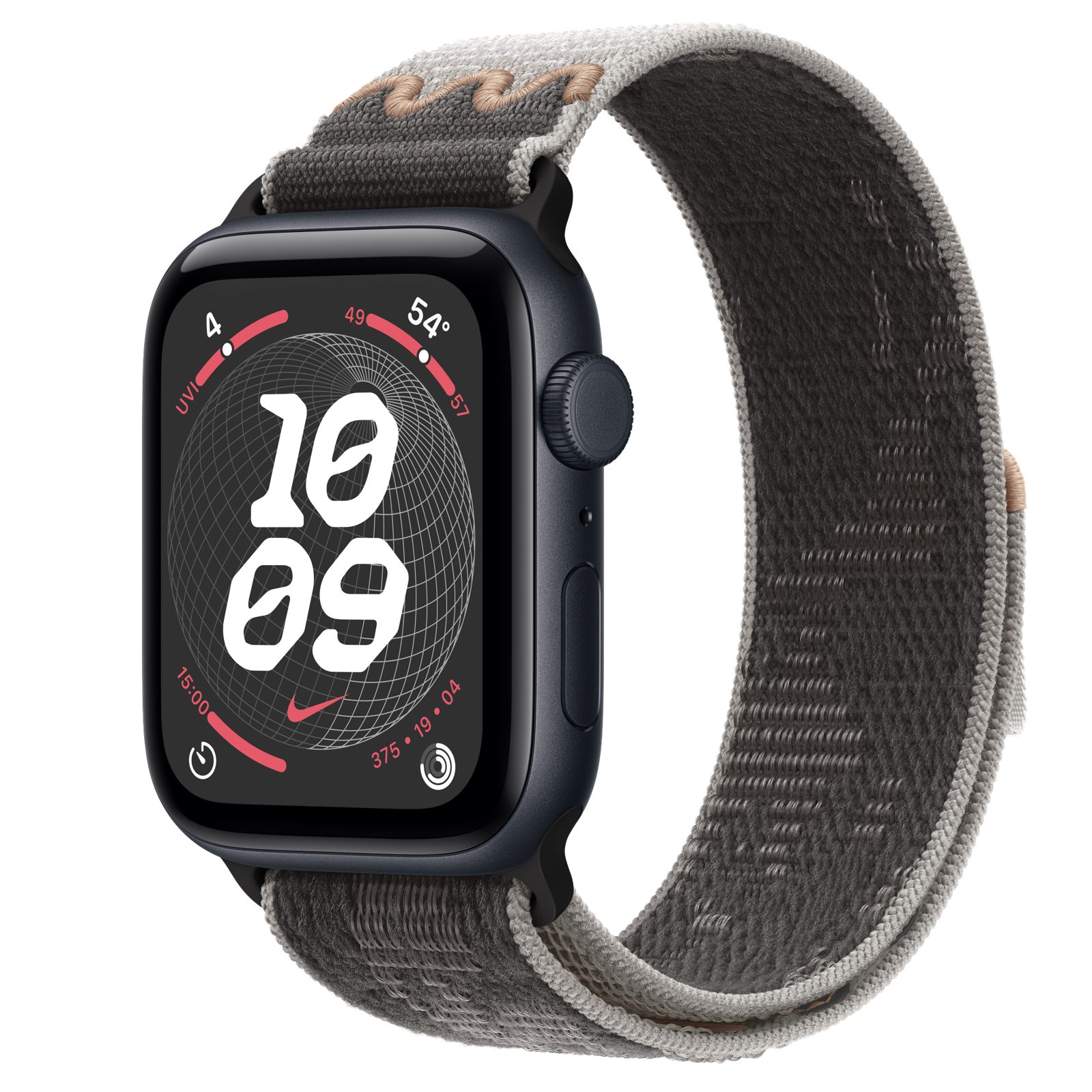 Apple Watch SE 3 (GPS + Cellular) • Aluminiumboett midnatt, 44 mm • Nike-sportloop i Pavement Grey