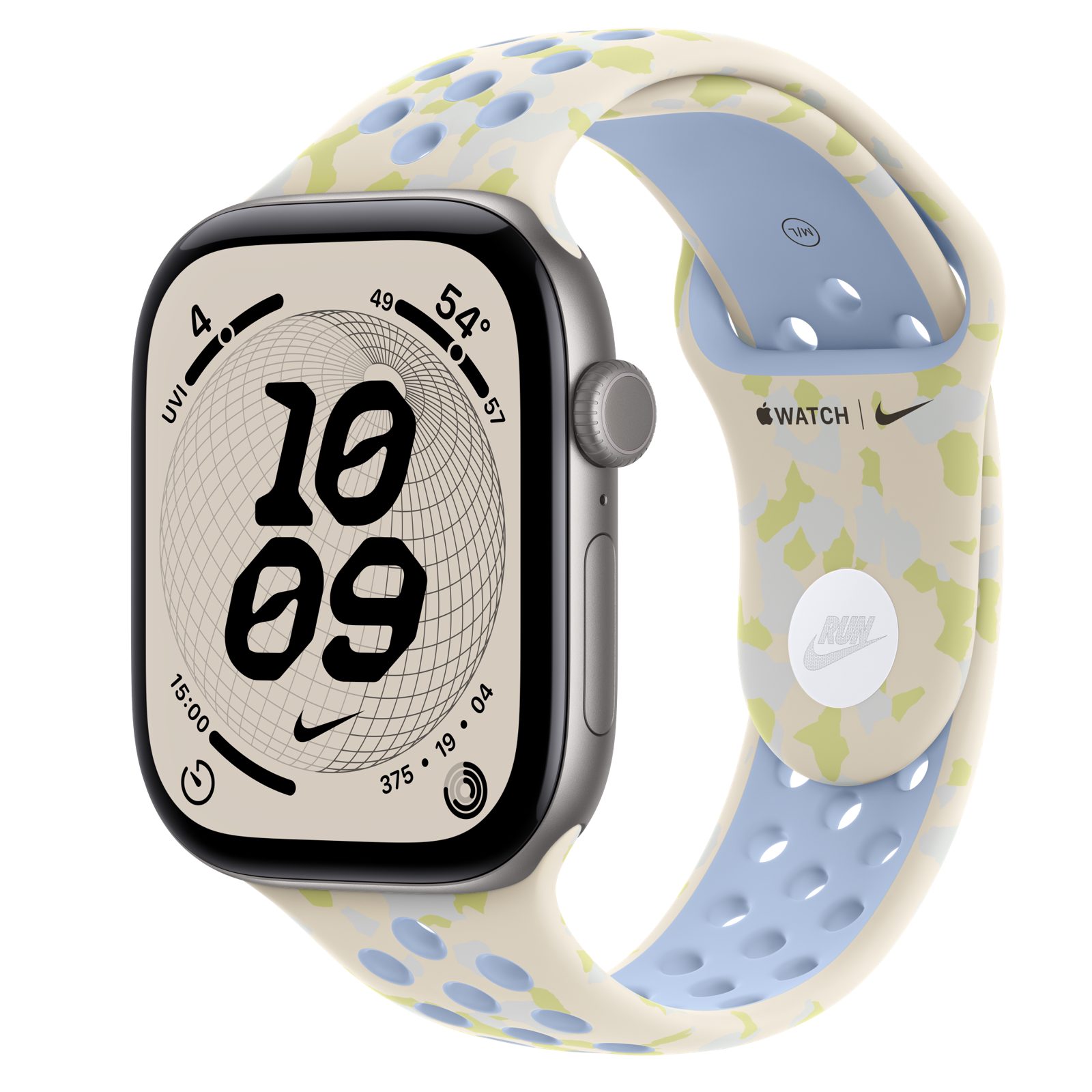 Apple Watch Series 12 (GPS) • Aluminiumboett rymdgrå, 46 mm • Nike-sportband i Chalk Calm