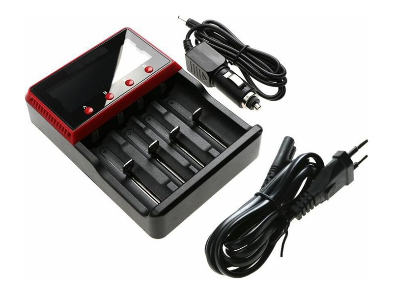 CoreParts - Batteriladdare - för 18650-batteri + växelströmsadapter + bilströmsadapter - 4 x batterier laddas - 4 utdatakontakter (batterikontakt) - svart - Europa