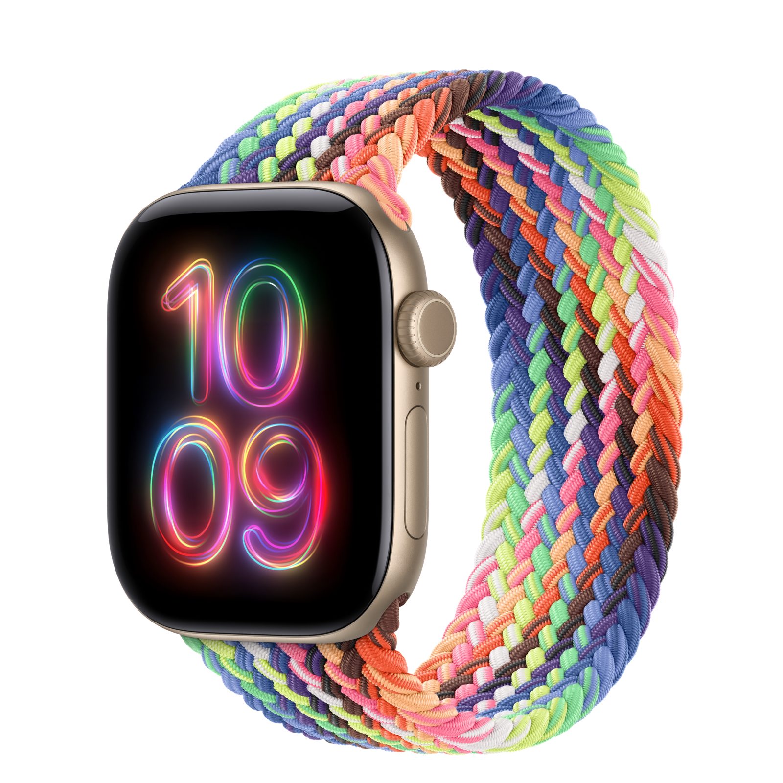 Apple Watch Series 12 (GPS + Cellular) • Aluminiumboett ljust guld, 42 mm • Flätad sololoop Pride Edition