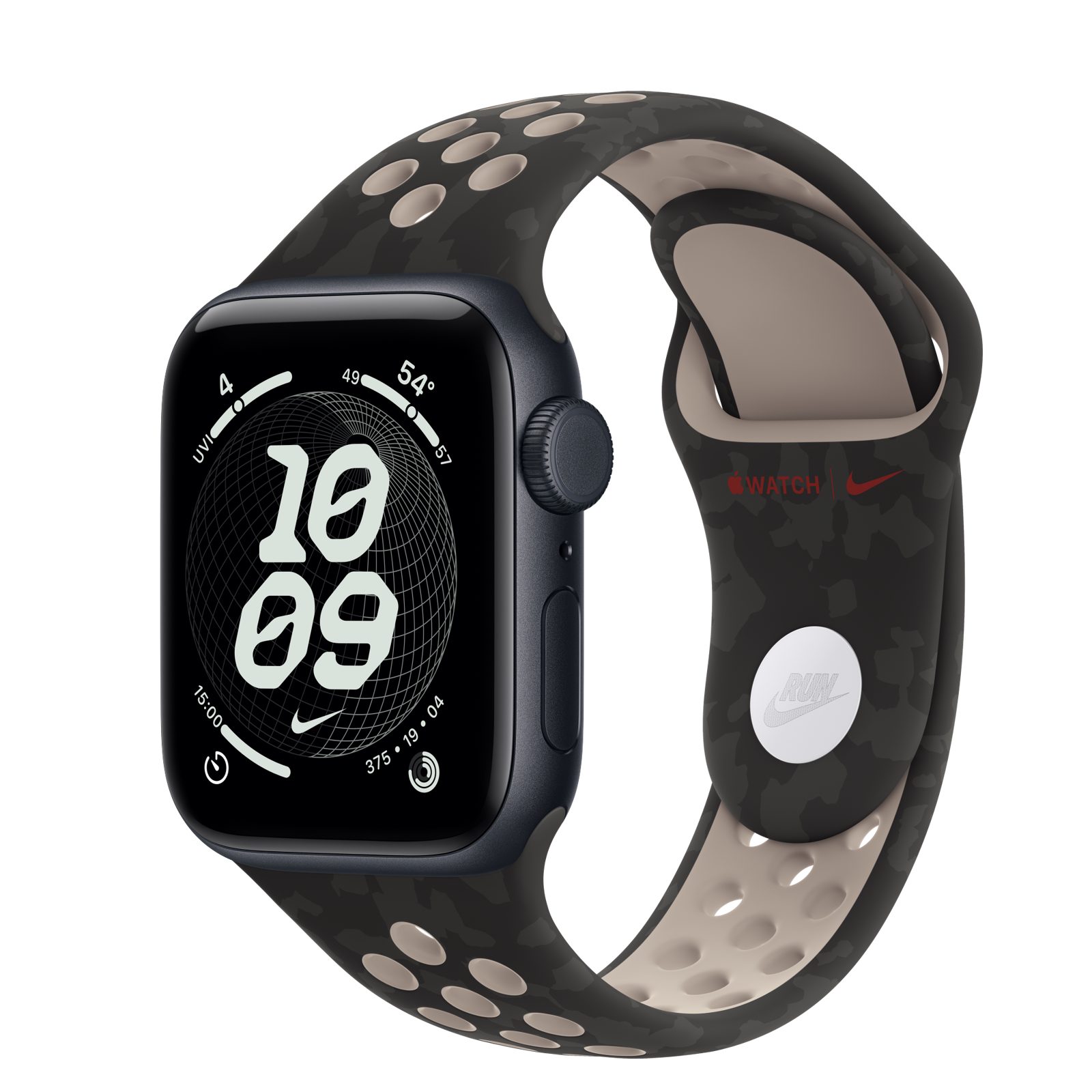 Apple Watch SE 3 (GPS + Cellular) • Aluminiumboett midnatt, 40 mm • Nike-sportband i After Dark Black