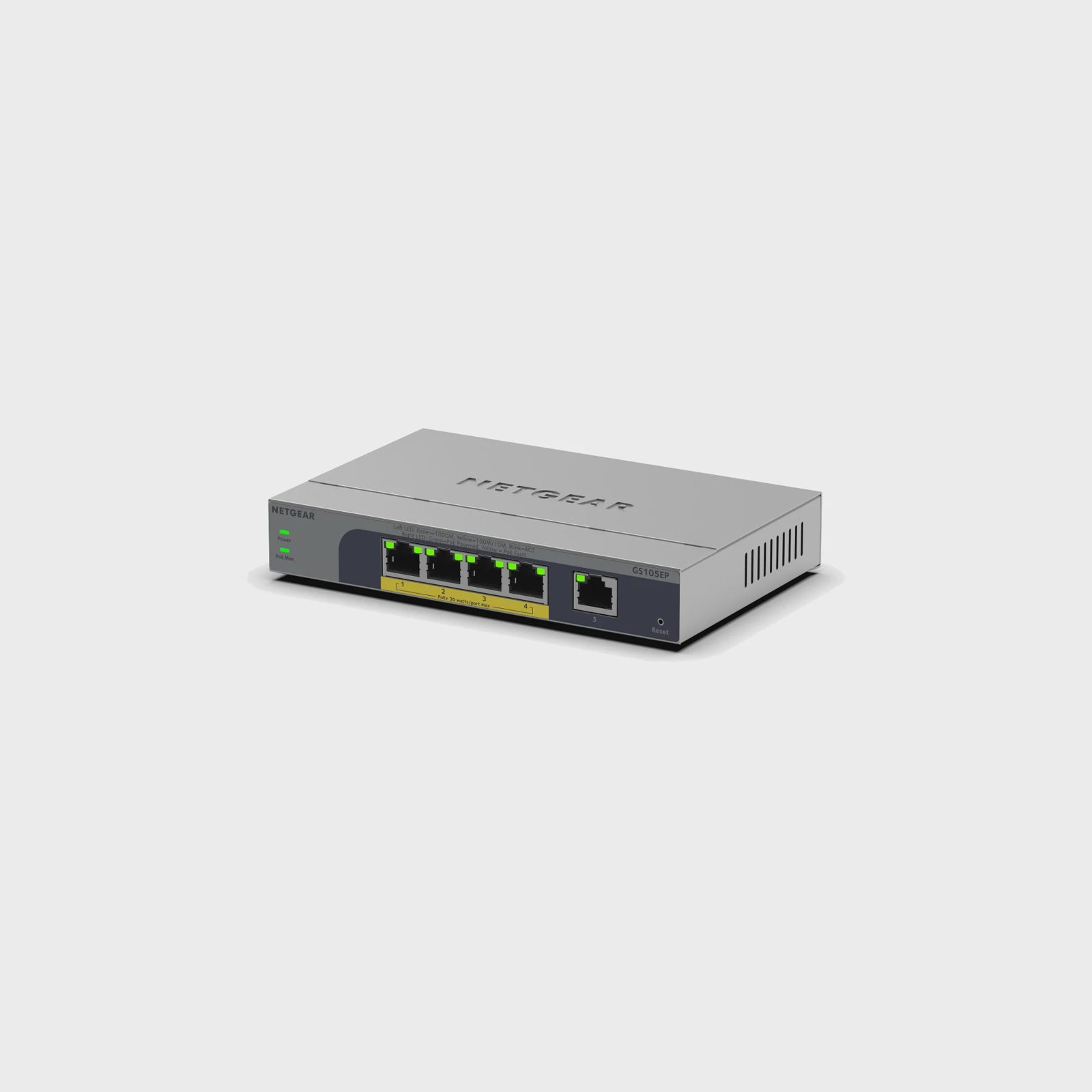 NETGEAR Easy Smart GS105EP - Switch - L3 - smart - 1 x 10/100/1000 + 4 x 10/100/1000 (PoE+) - skrivbordsmodell, väggmonterbar - PoE+ (63 W)