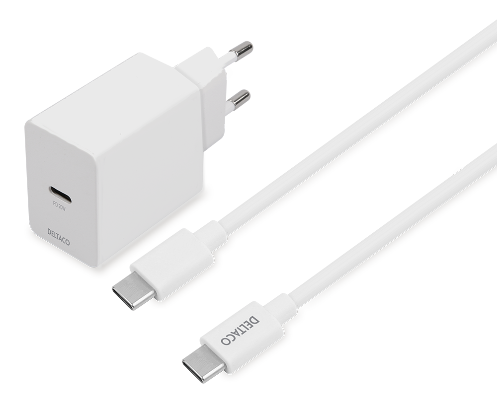 Deltaco USB-C PD Wall Charger 20 W incl USB-C Cable - Vit Väggladdare med USB-C kabel, bild 3