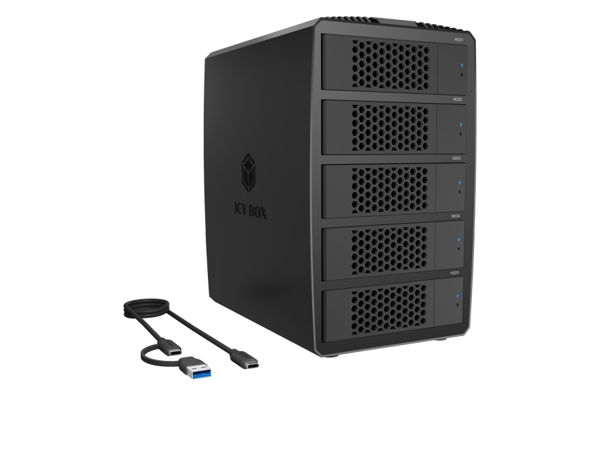 Icy Box System-RAID för 5 stycken 2,5/3,5 SATA-hårddiskar, IB-RD3705-CU3: RAID 0, 1, 10, 3, 5, enkel, stor, klon
