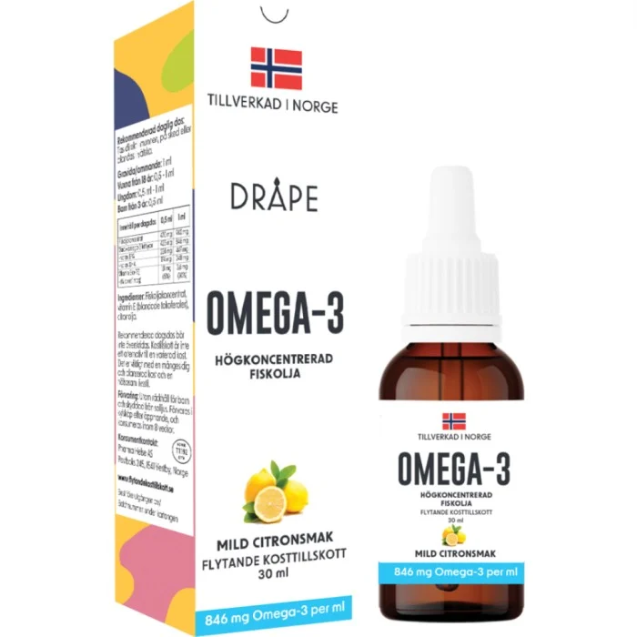 Dråpe flytande Omega-3 droppar citron, 30 ml