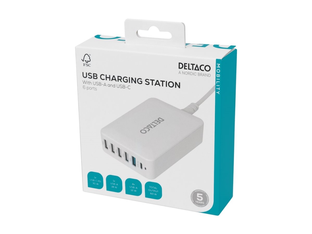 Multi 6 USB-laddare, 4x USB-A, 1x USB-A 18W, 1x USB-C PD 30W