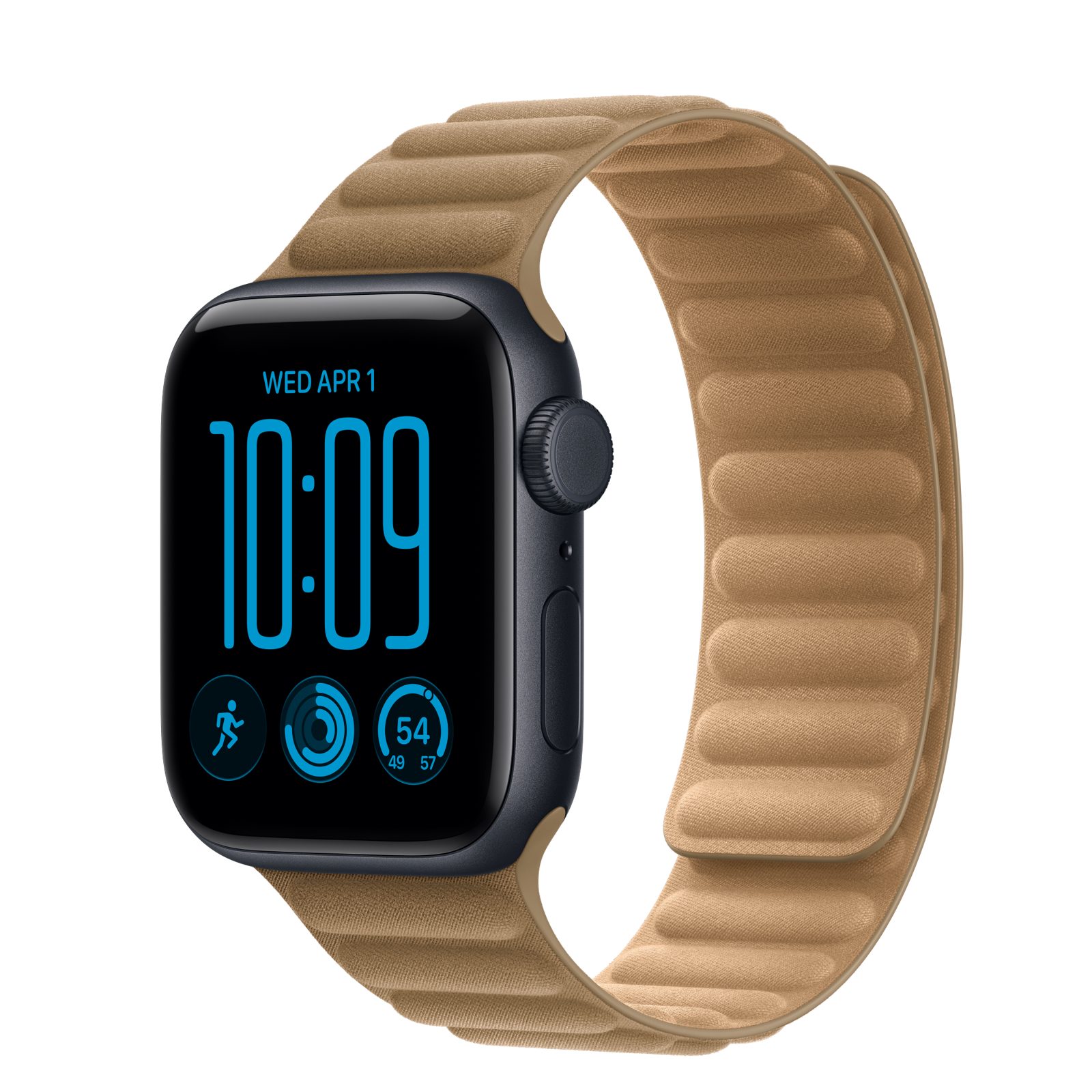 Apple Watch SE 3 (GPS + Cellular) • Aluminiumboett midnatt, 40 mm • Magnetlänk kamelbrun