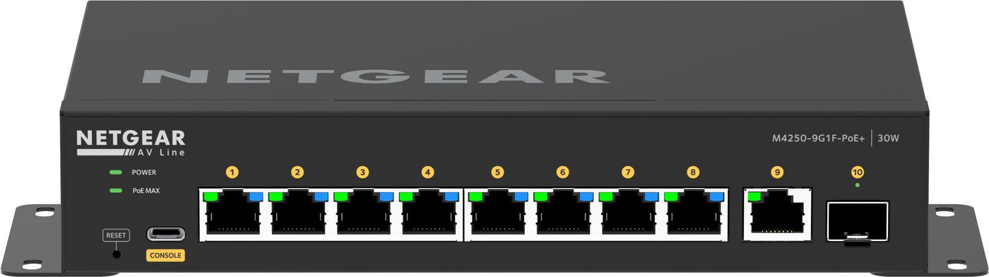 Netgear AV Line M4250-9G1F-PoE+, 8xGigabit PoE+, 1xGigabit, 1xSFP Gigabit, L3, rackmonterbar, 110W PoE+, bild 4