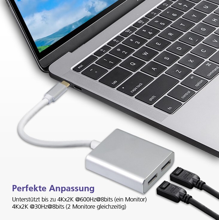 Helos Splitter USB 3.1 Type-C™ till 2x DisplayPort (PREMIUM 4K, silver) | 3840x2160 @ 60 Hz | guldkontakter | CE-godkänd | ULTRA, bild 2