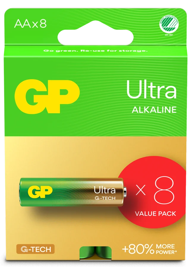 GP Ultra Alkaline Battery, Size AA, 15AU/LR6, 1.5V, 8-pack