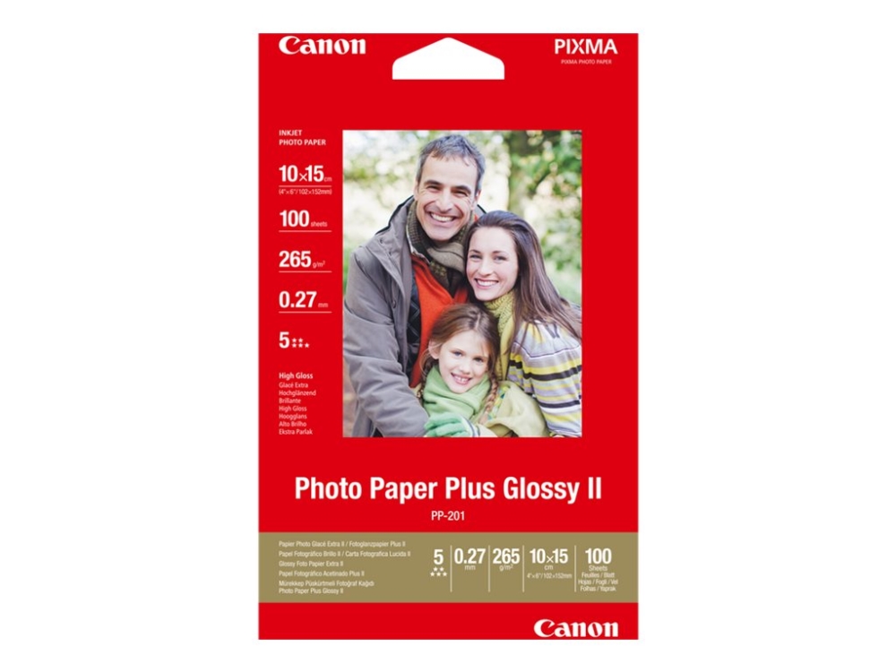 Canon Photo Paper Plus Glossy II PP-201 - Högblank - 270 mikrometer - 102 x 152 mm - 265 g/m² - 100 ark fotopapper - för MAXIFY GX6040, GX6050, GX7040, GX7050 PIXMA G540, G550, G640, G650, TS3450, TS3451