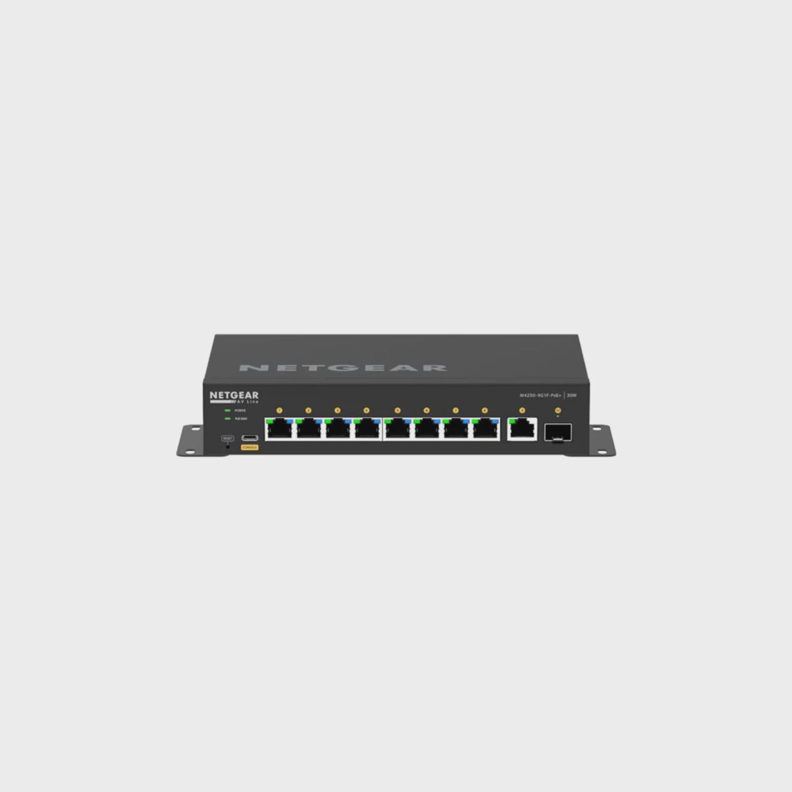 Netgear AV Line M4250-9G1F-PoE+, 8xGigabit PoE+, 1xGigabit, 1xSFP Gigabit, L3, rackmonterbar, 110W PoE+