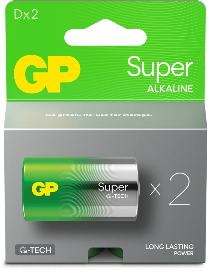 GP Super Alkaline Battery, Size D, 13A/LR20, 1.5V, 2-pack