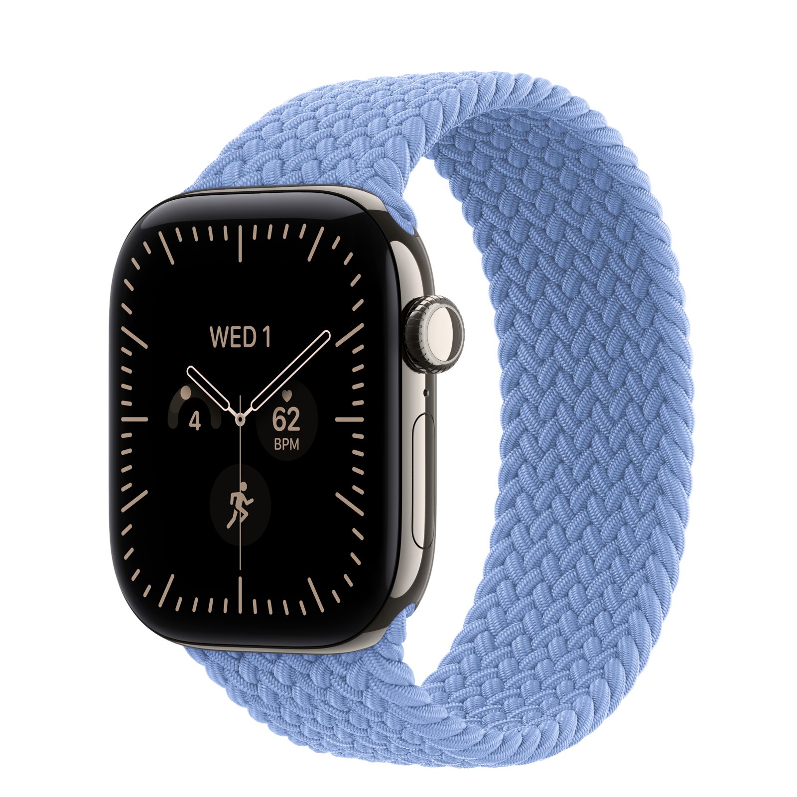 Apple Watch Series 12 (GPS + Cellular) • Titanboett naturlig, 42 mm • Flätad sololoop ängsblå