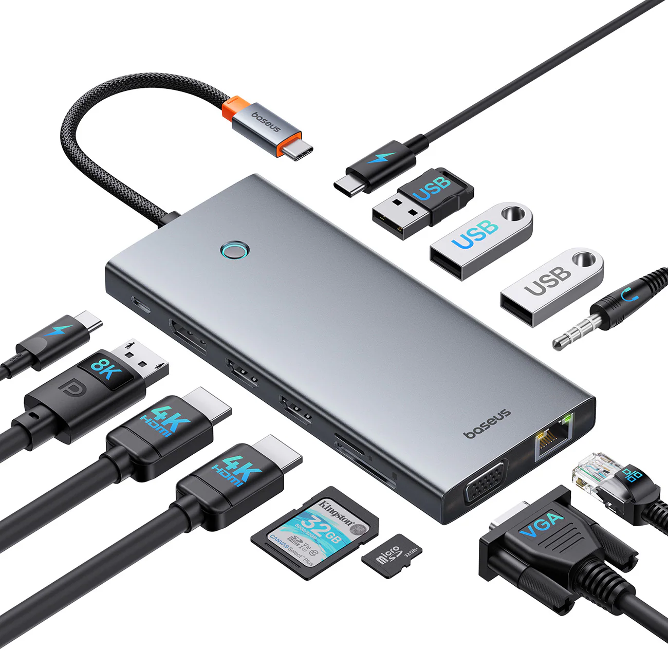HUB Baseus PortalJoy 13in1 USB-C - 2x HDMI/DP/VGA/USB-A 3.1/USB-C 3.1/PD/RJ45/SD/TF/AUX - grå, bild 4