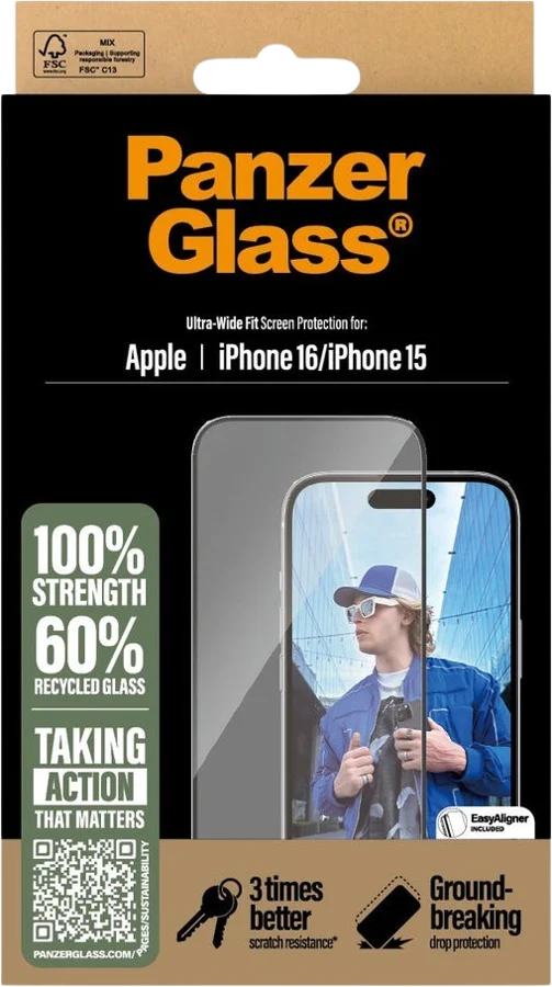PanzerGlass iPhone 16/15 skärmskydd Ultra-Wide Fit med applikator
