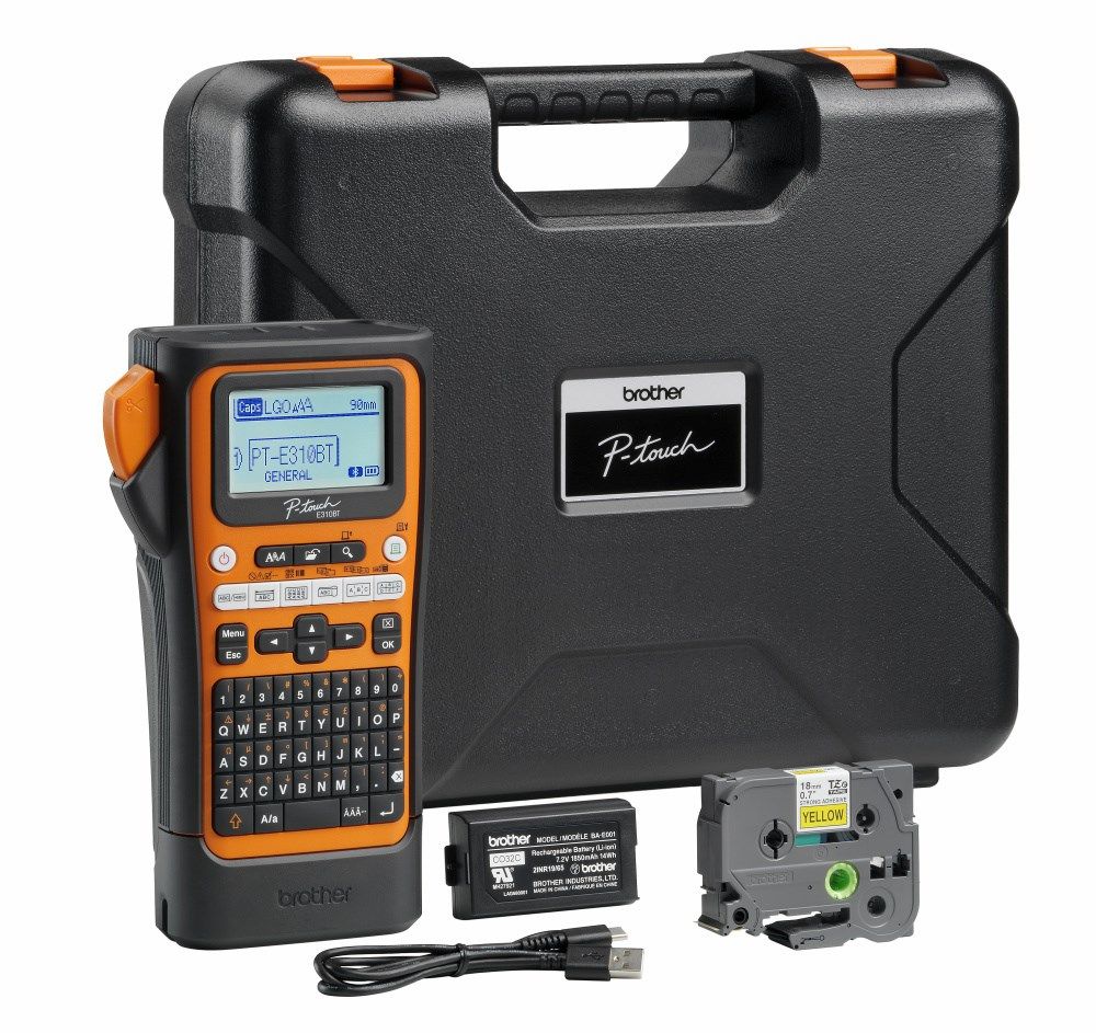 Brother P-Touch PT-E310BTVP - Etikettskrivare - svartvit - termisk överföring - Rulle (1,8 cm) - 180 dpi - upp till 20 mm/sek - USB 3.0, Bluetooth 5.0 - kniv - förhandsgranskning - orange, svart