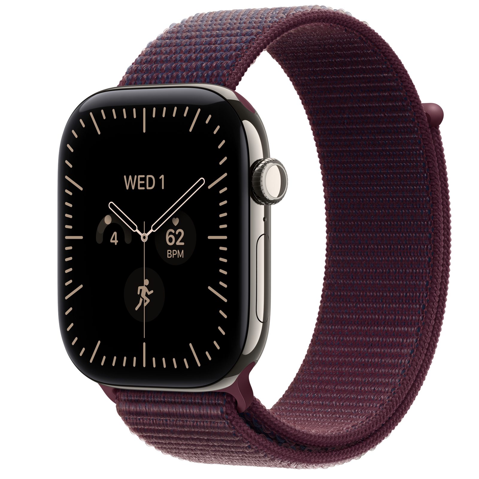 Apple Watch Series 12 (GPS + Cellular) • Titanboett naturlig, 46 mm • Sportloop bourgogne