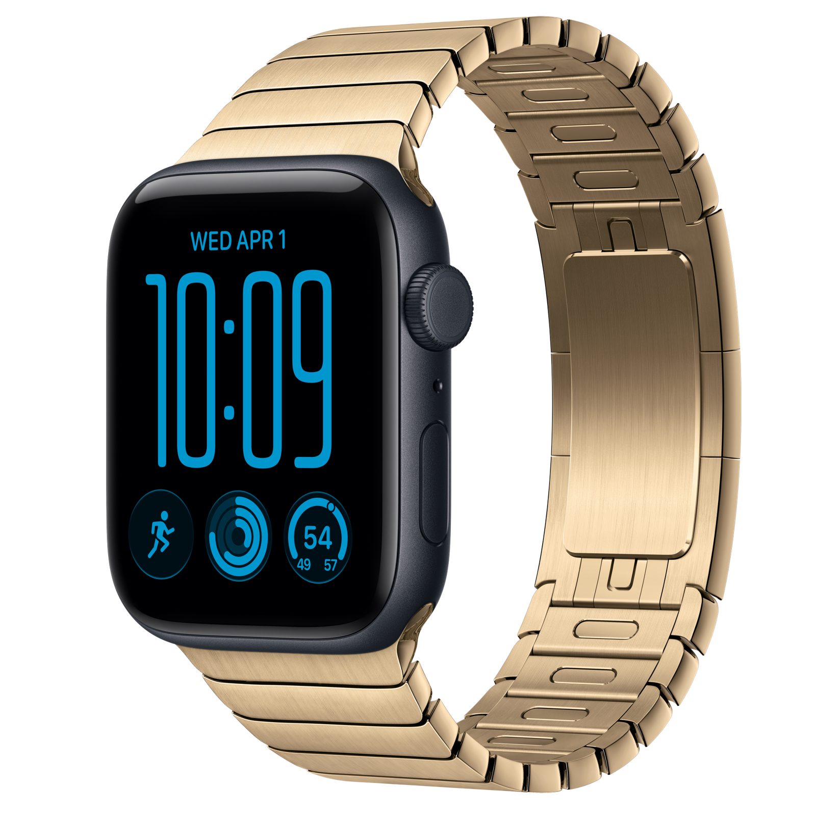 Apple Watch SE 3 (GPS + Cellular) • Aluminiumboett midnatt, 44 mm • Länkarmband skinande guld