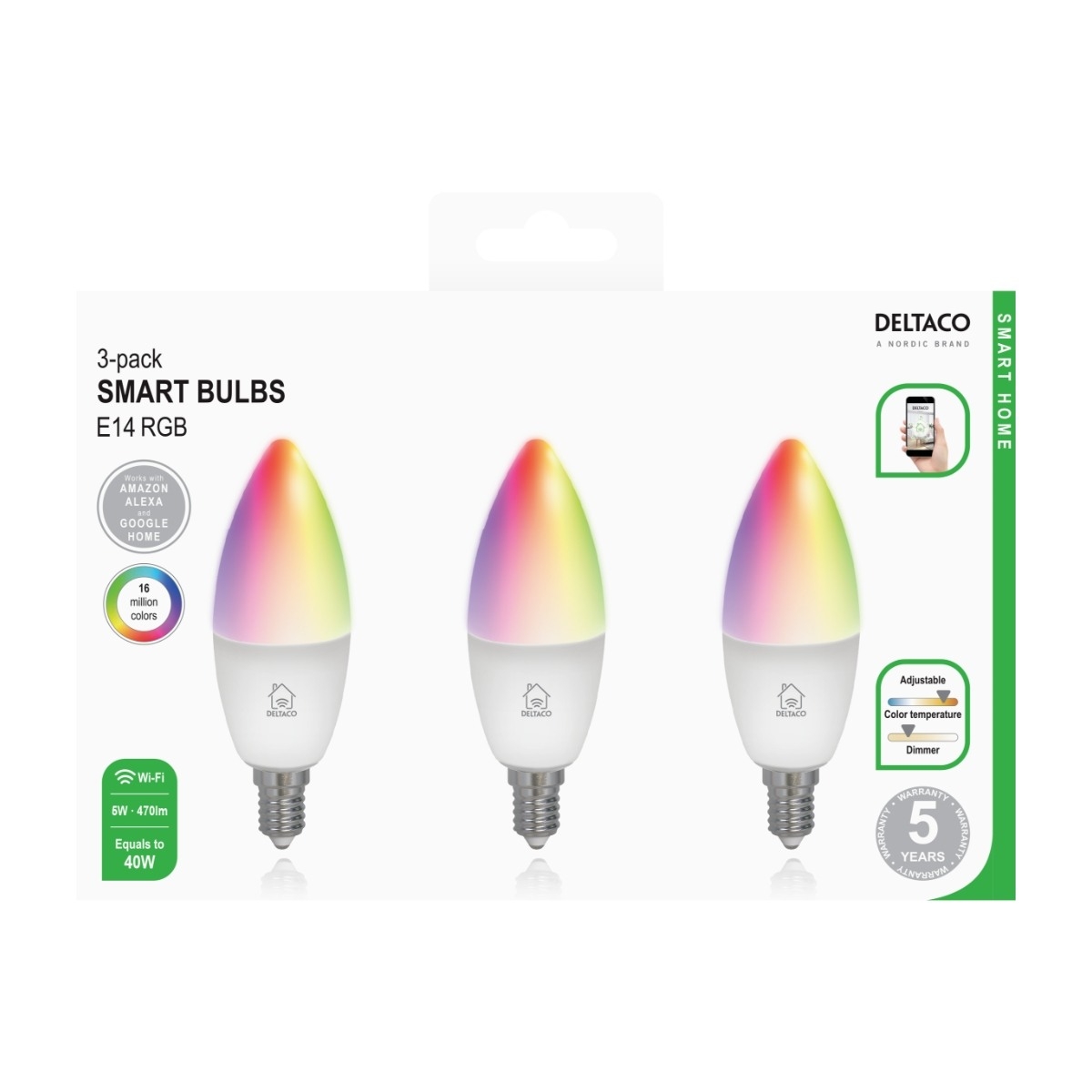 Deltaco smart home LED-lampa 3-pack, E14, WiFi 2,4GHZ, 5W, Dimbar, 2700K-6500K, RGB - vit