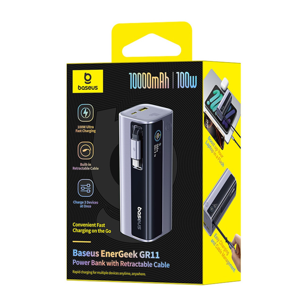 Baseus EnerGeek GR11 10 000 mAh 100 W powerbank med infällbar kabel – grå, bild 4