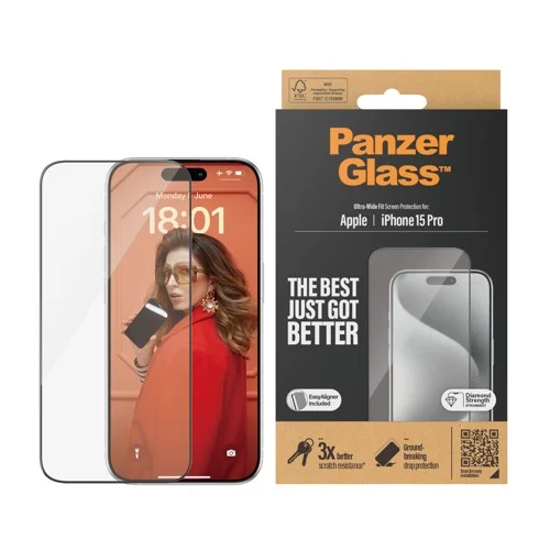 PanzerGlass iPhone 15 Pro skärmskydd Ultra-Wide Fit med applikator