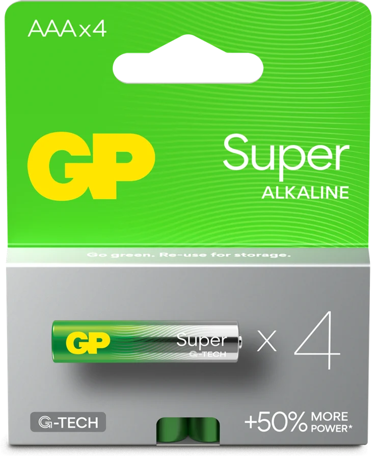 GP Super Alkaline Battery, Size AAA, 24A/LR03, 1.5V, 4-pack