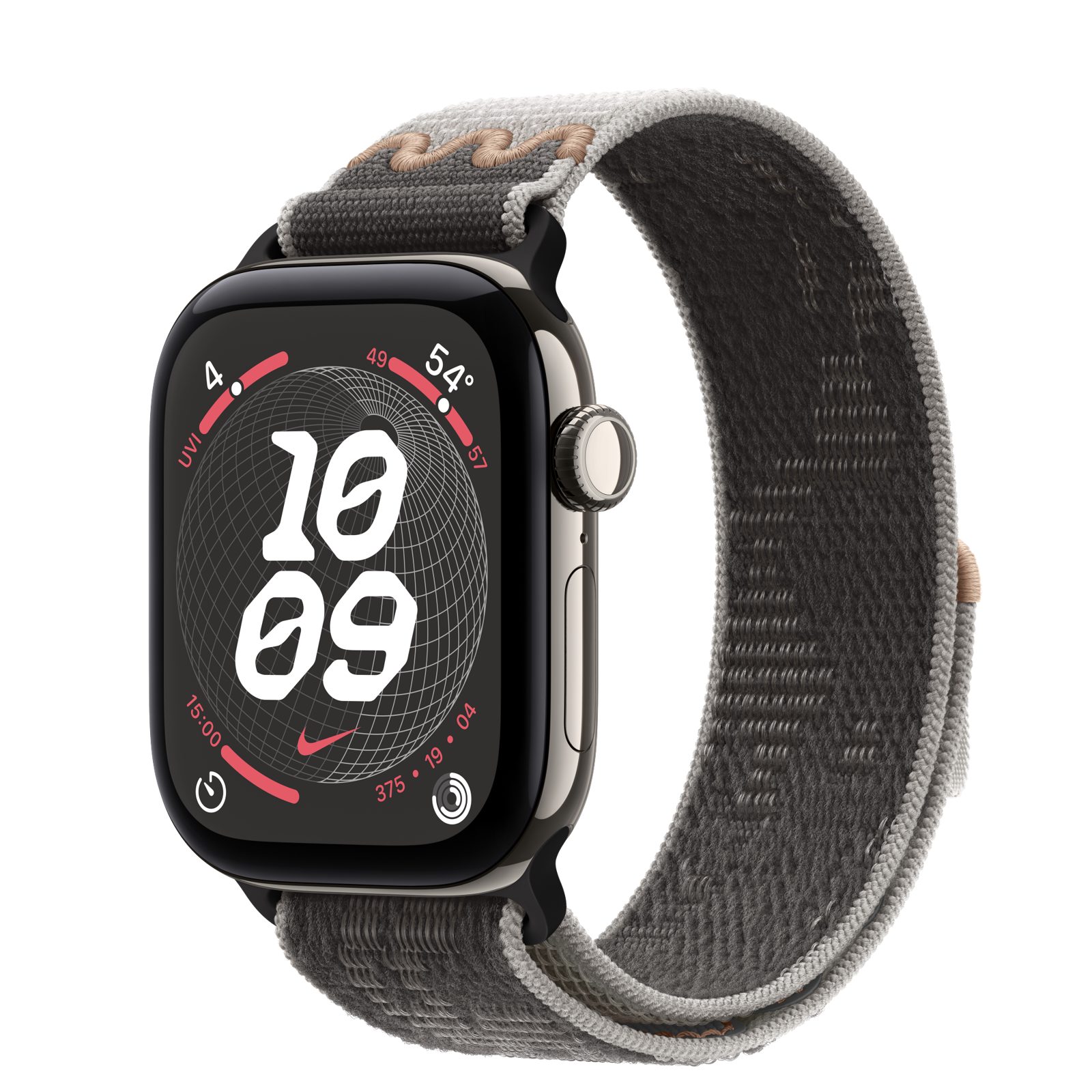 Apple Watch Series 12 (GPS + Cellular) • Titanboett naturlig, 42 mm • Nike-sportloop i Pavement Grey