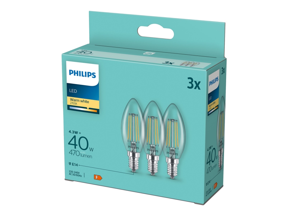 Philips - LED-glödlampa med filament - form: B35 - klar finish - E14 - 4.3 W (motsvarande 40 W) - klass F - varmt vitt ljus - 2700 K (paket om 3)