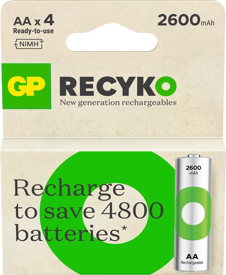 GP ReCyko Rechargeable Battery, Size AA, 2600 mAh, 4-pack