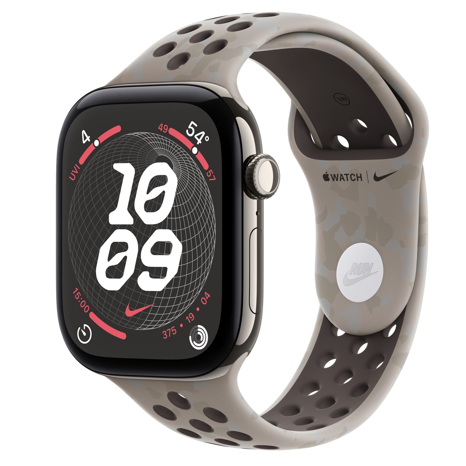 Apple Watch Series 12 (GPS + Cellular) • Titanboett naturlig, 46 mm • Nike-sportband i Pavement Grey