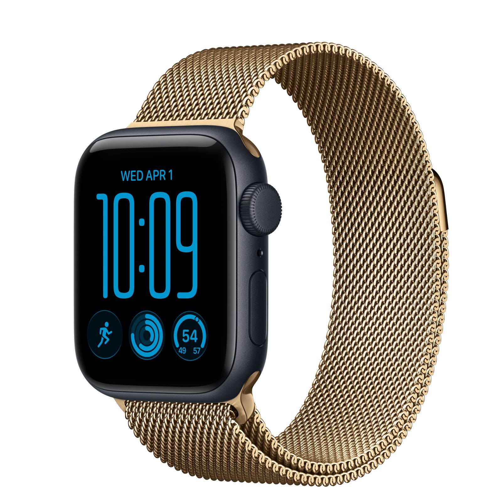 Apple Watch SE 3 (GPS) • Aluminiumboett midnatt, 40 mm • Milanesisk loop skinande guld