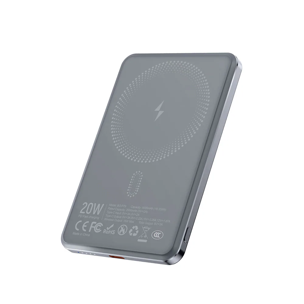 BWOO powerbank 5000 mAh / MagSafe-kompatibel strömbank / magnetisk laddare / 20 W USB-C grå