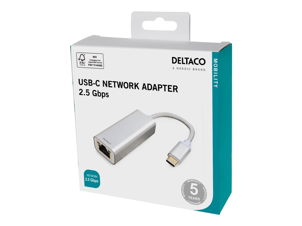 Deltaco USB-C nätverksadapter, 2.5GbE LAN, RJ45, aluminium