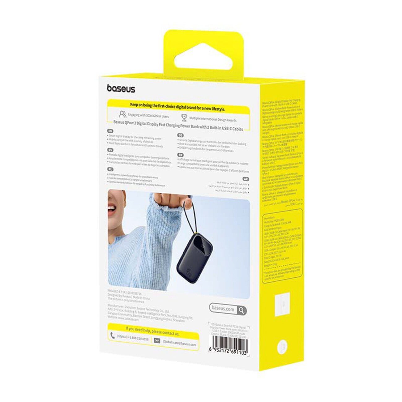 Baseus EnerFill FC31 QPow3 10 000 mAh 45 W powerbank med display & 2 inbyggda USB-C-kablar – svart, bild 4