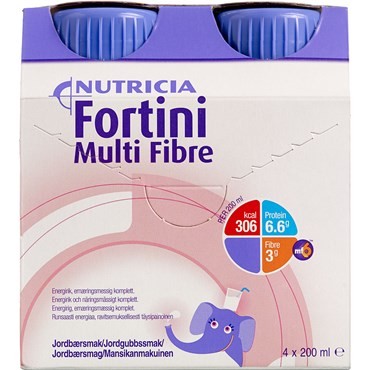 Fortini Multi Fibre, komplett barnkosttillägg, jordgubb, 4 x 200 milliliter