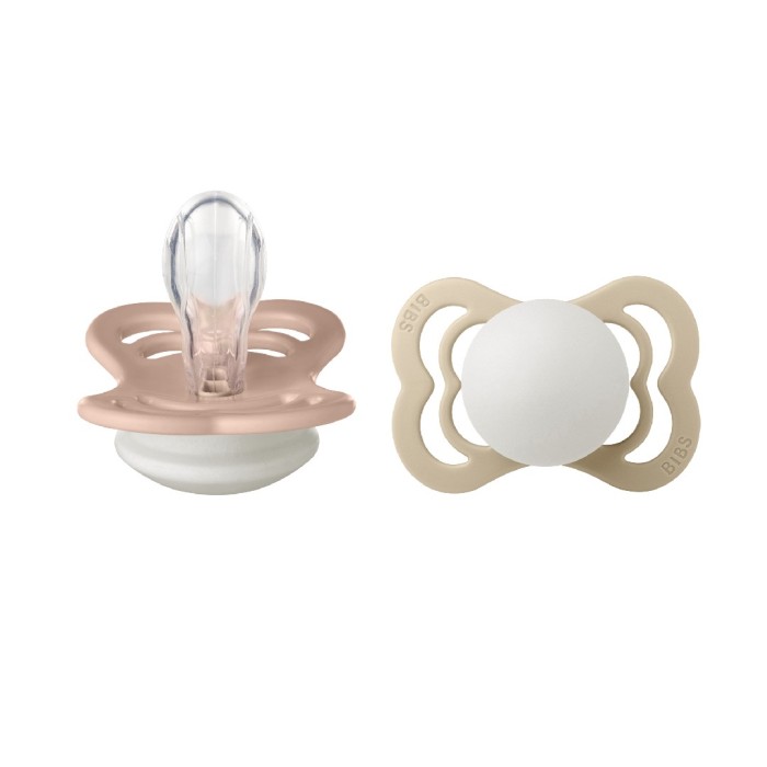 BIBS Pacifier Supreme 2 PACK Silicone Size 1 Blush GLOW/Vanilla GLOW