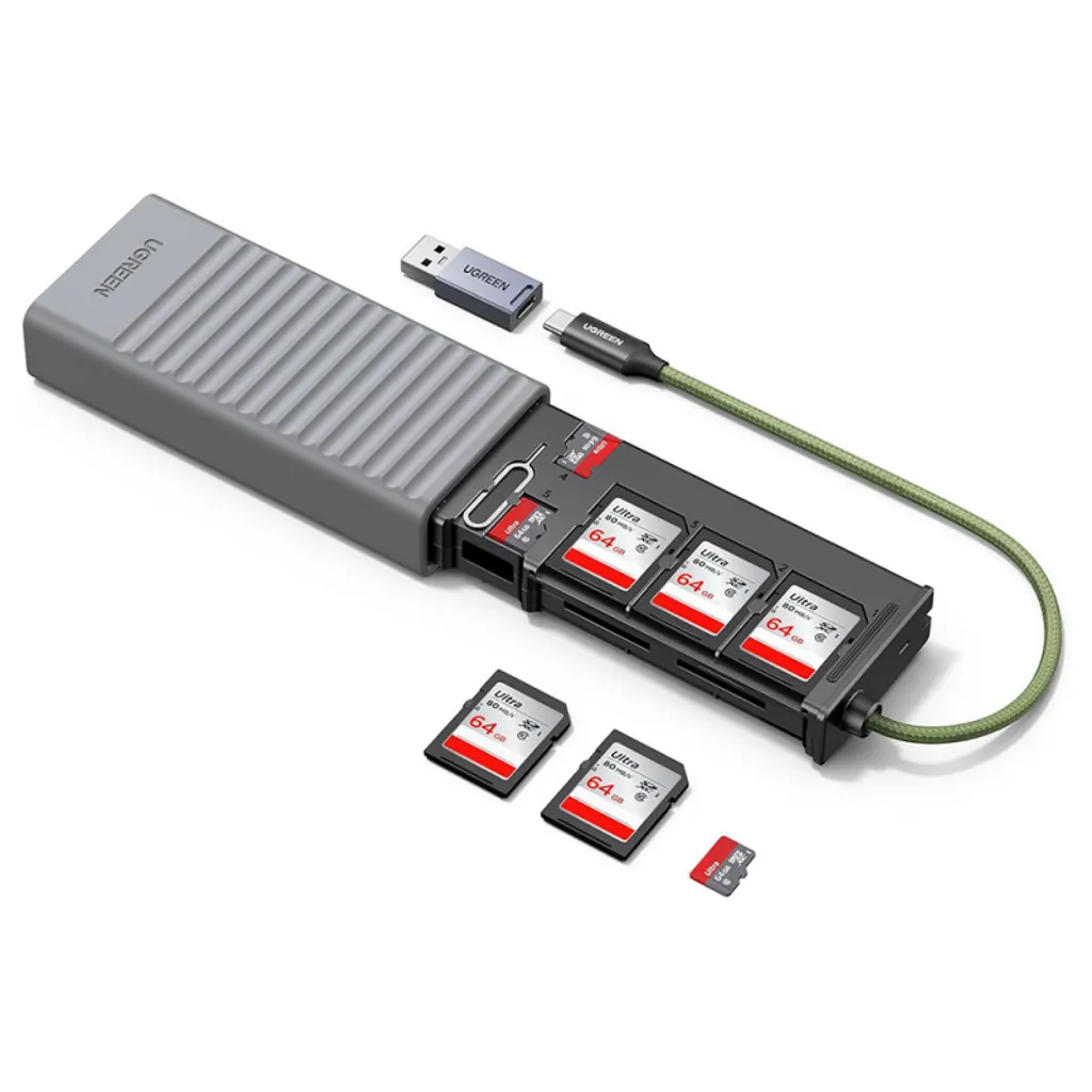 UGREEN CM856 USB-C/USB-A kortläsare med förvaringsbox – grå