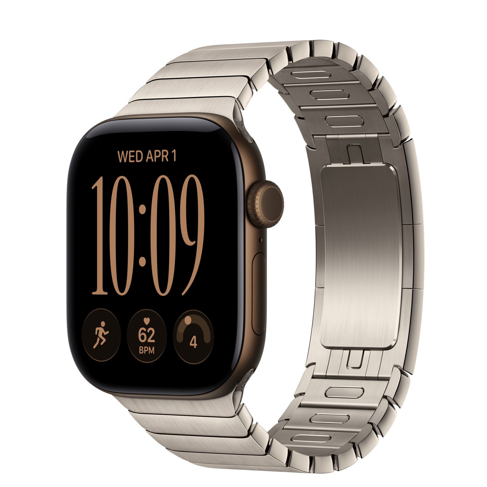 Apple Watch Series 12 (GPS + Cellular) • Aluminiumboett mörk brons, 42 mm • Länkarmband naturlig finish
