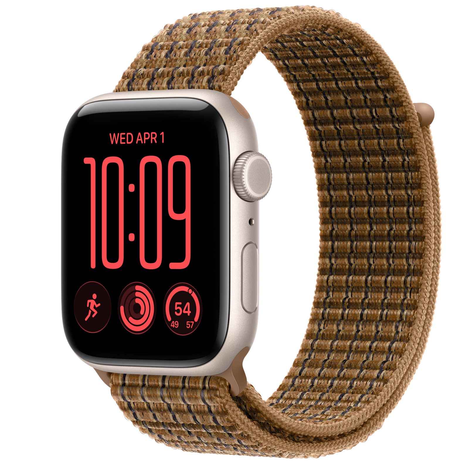 Apple Watch SE 3 (GPS + Cellular) • Aluminiumboett stjärnglans, 44 mm • Sportloop skotskrutig ljus umbra