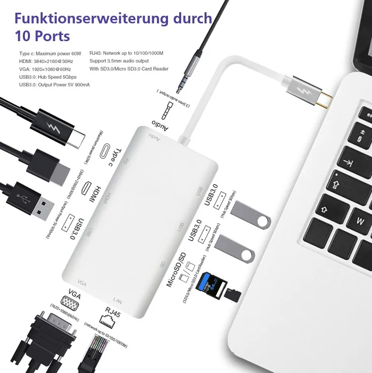 helos Dockingstation USB 3.1 Type-C till HDMI/VGA/USB/LAN/AUDIO/SD (Premium), bild 2