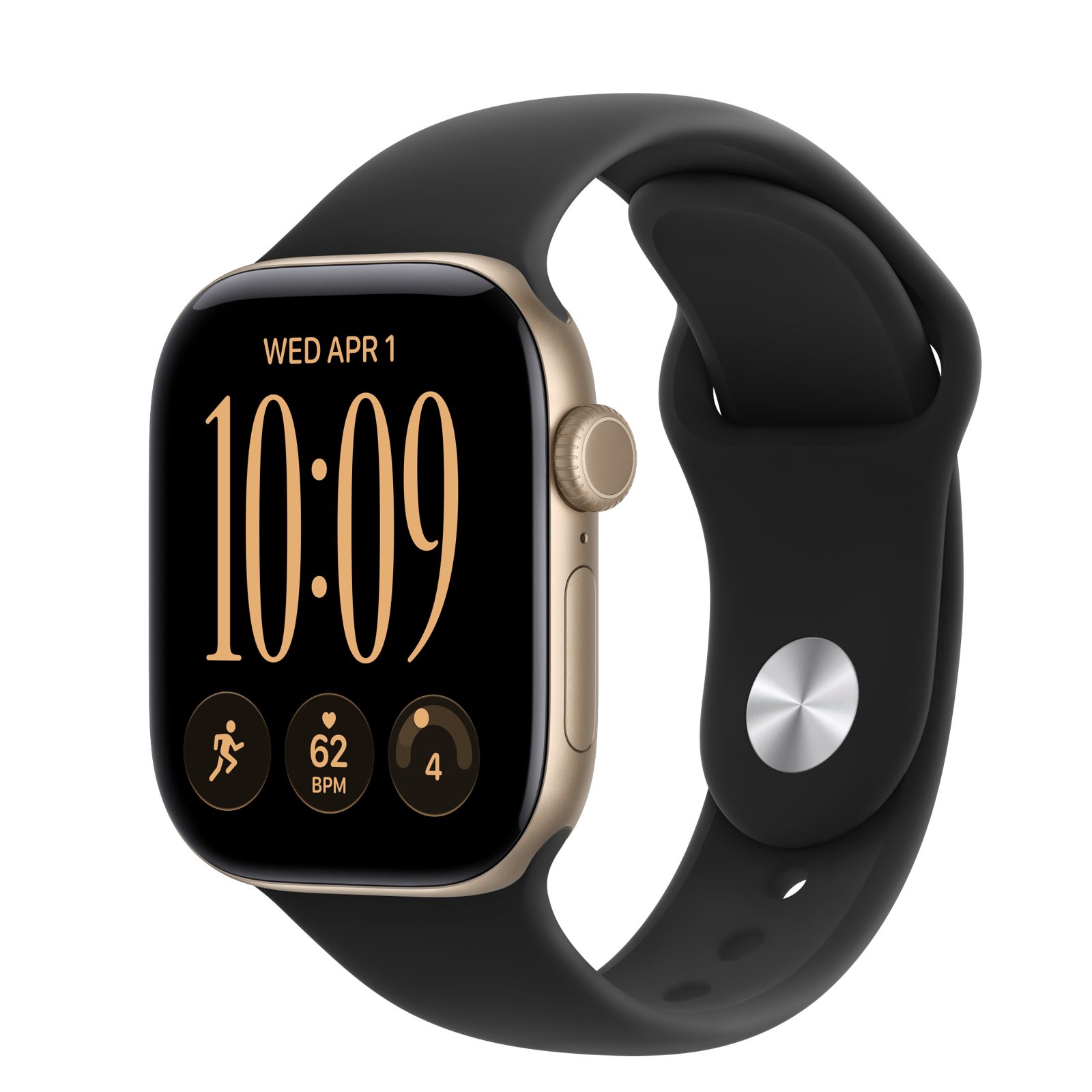Apple Watch Series 12 (GPS) • Aluminiumboett ljust guld, 42 mm • Sportband svart