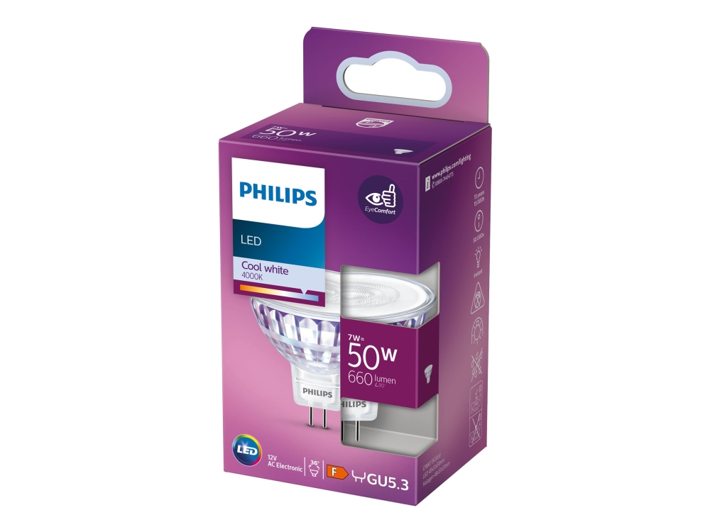 Philips - LED-spotlight - form: MR16 - GU5.3 - 7 W (motsvarande 50 W) - klass F - kallvitt ljus - 4000 K
